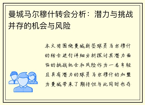 曼城马尔穆什转会分析：潜力与挑战并存的机会与风险